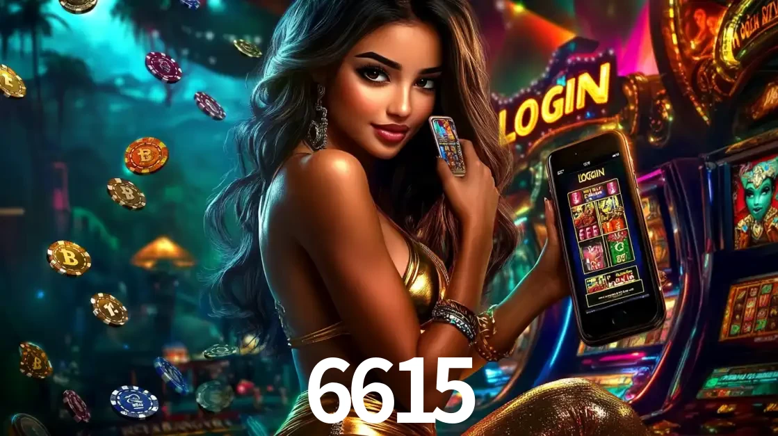 Mulher em um cenário de cassino temático de aventura, mostrando o app de caça-níqueis da 6615 no celular. Fichas de apostas flutuam ao redor.