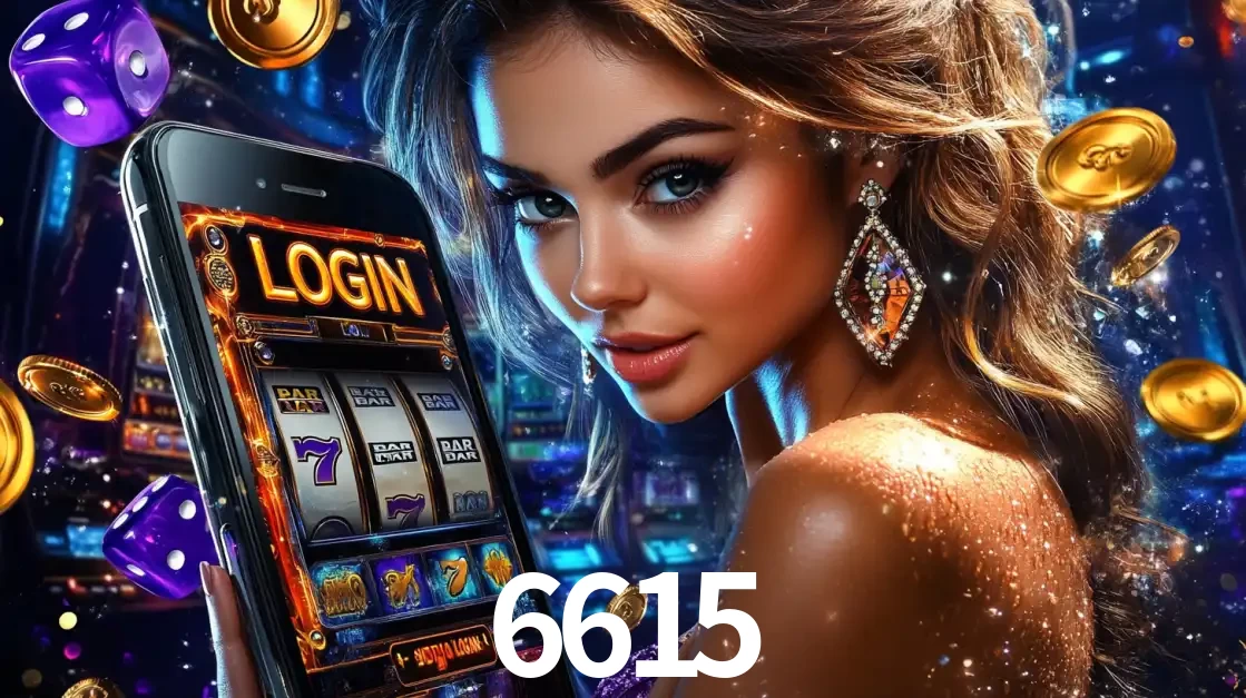 Mulher glamorosa segurando um smartphone com a tela de login para os jogos de caça-níqueis do cassino online 6615, com moedas de ouro e dados ao redor.