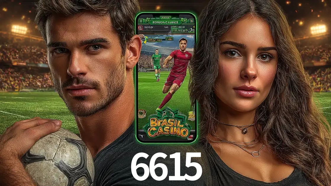 Homem segurando uma bola de futebol e uma mulher ao lado de um smartphone exibindo o jogo de apostas esportivas da 6615. Faça seu palpite no cassino online.